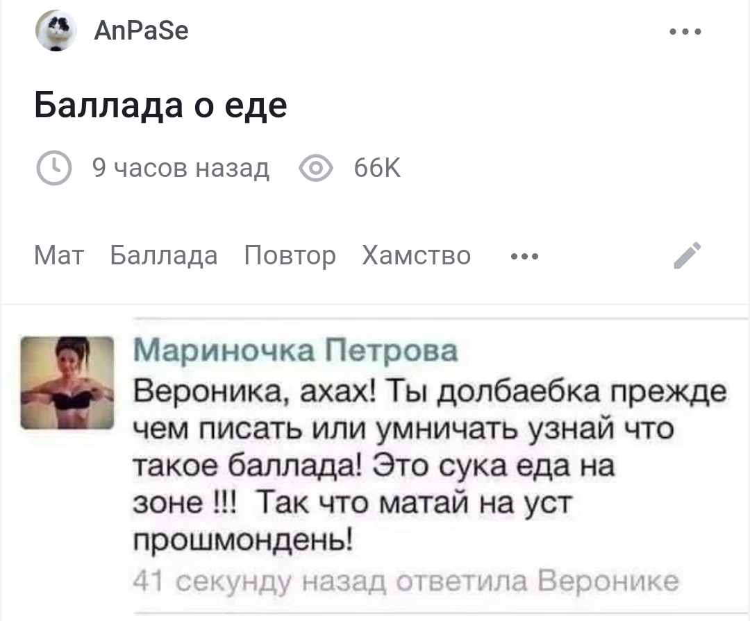 Ответ на пост «Баллада о еде» - Моё, Мат, Баллада, Повтор, Хамство, Скриншот, Комментарии, Зашакалено, Баланда, Юмор, Диалог, Ответ на пост