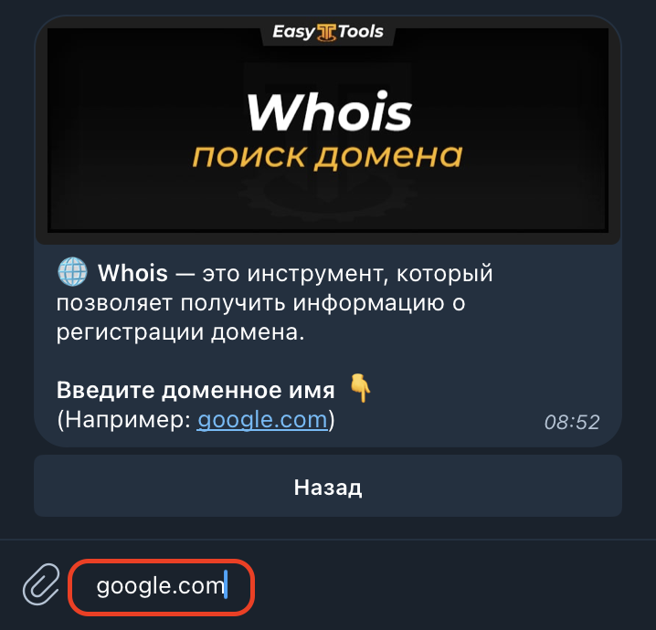 Whois in Telegram: How to quickly check a domain - Sysadmin, IT, Telegram, Whois, The bot, System administration, SEO, Marketing, Site, Domain, Internet Marketing, Web development, Web, Site creation, Internet, Chat Bot, DNS, Appendix, Program, Longpost