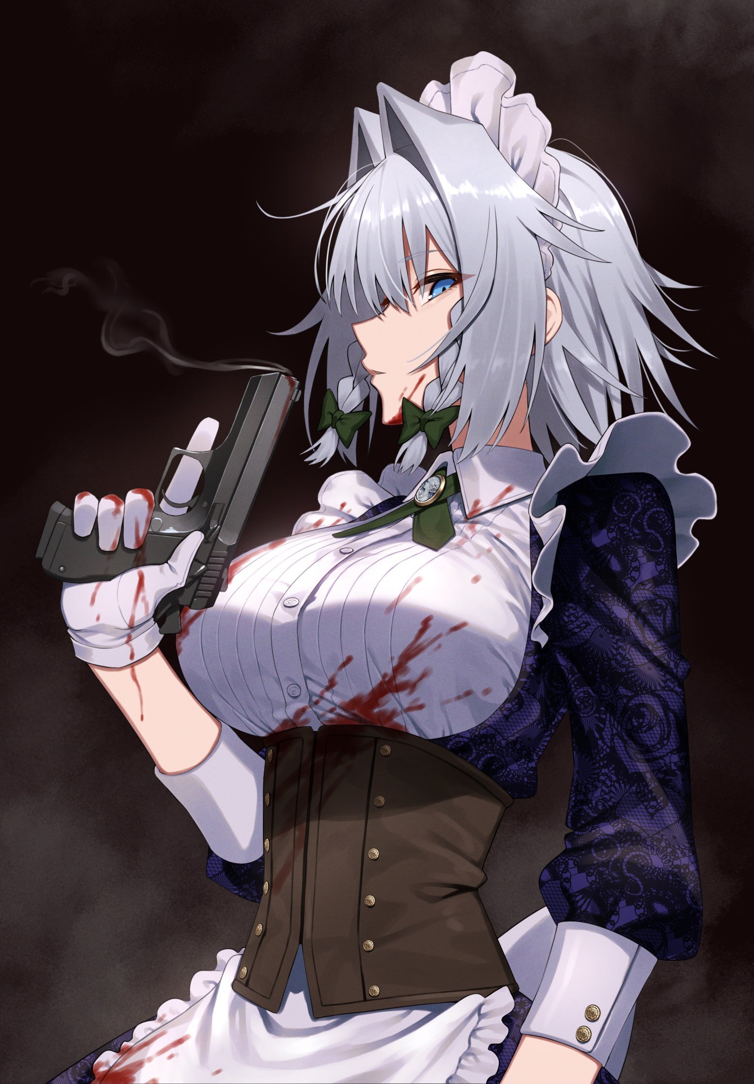 Battle Maid - Touhou, Izayoi Sakuya, Greenkohgen, Art, Anime art, Anime, Housemaid, Red eyes, Stockings, Longpost