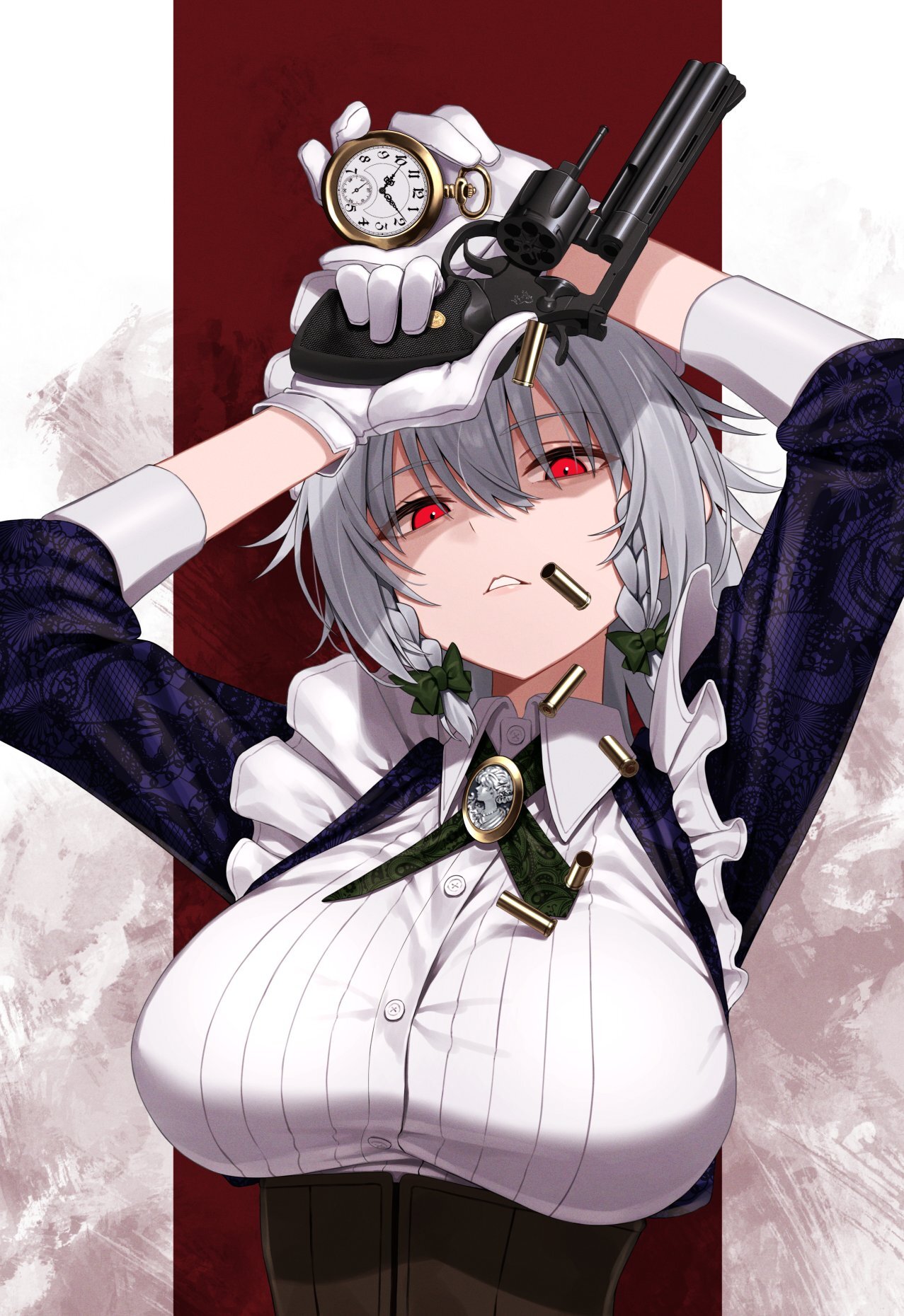 Battle Maid - Touhou, Izayoi Sakuya, Greenkohgen, Art, Anime art, Anime, Housemaid, Red eyes, Stockings, Longpost