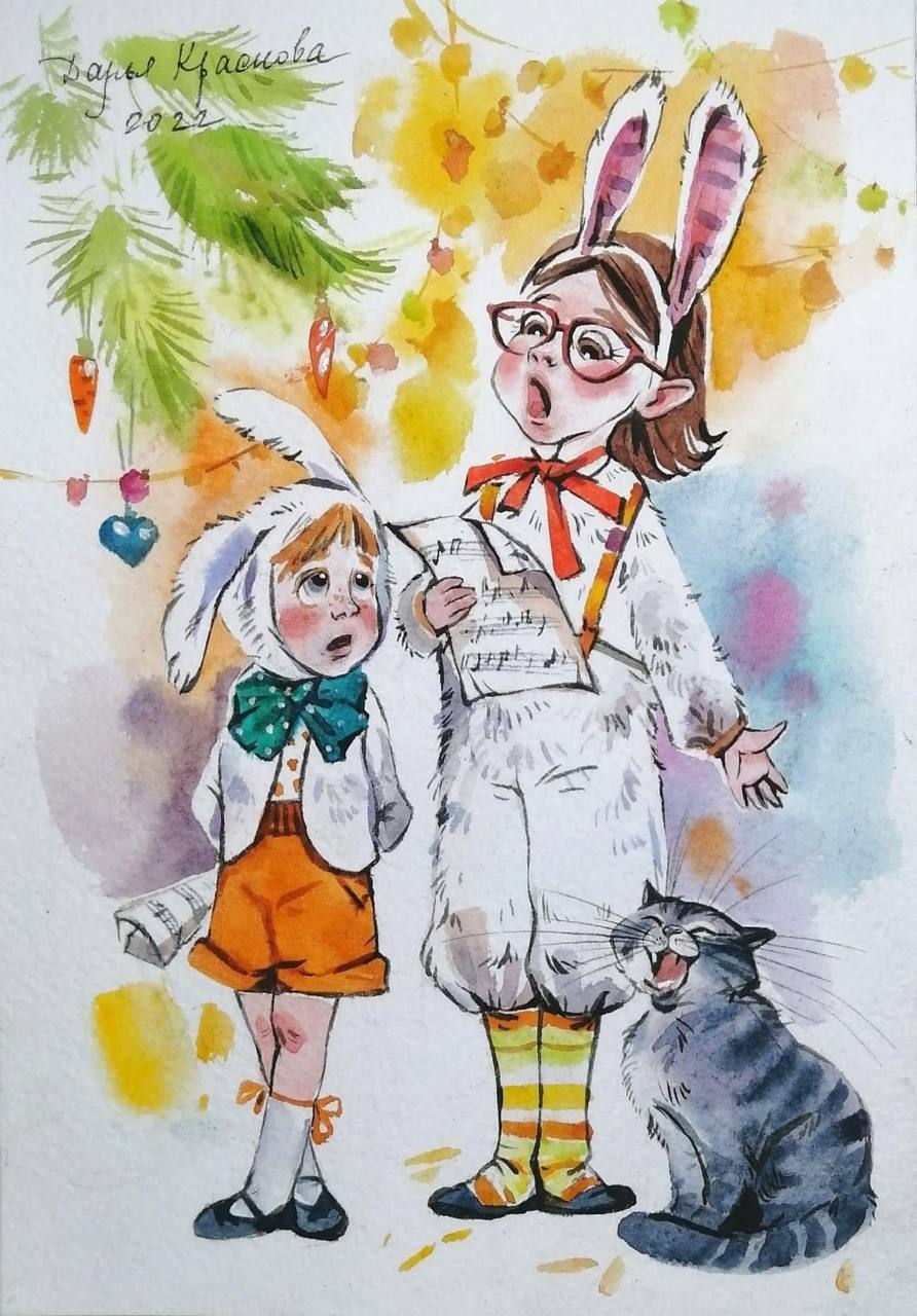 Daria Krasnova, “Bunny Choir” - New Year, Painting, Children, Matinee, cat