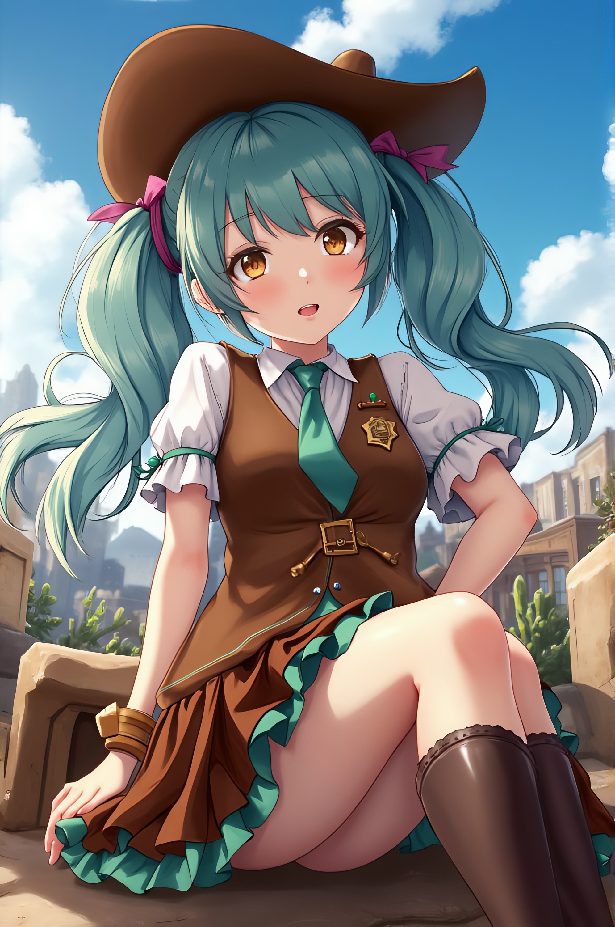 Miku in the Wild West - My, Neural network art, Anime, Wild West, Flux, Hatsune Miku, Longpost, Friday Miku