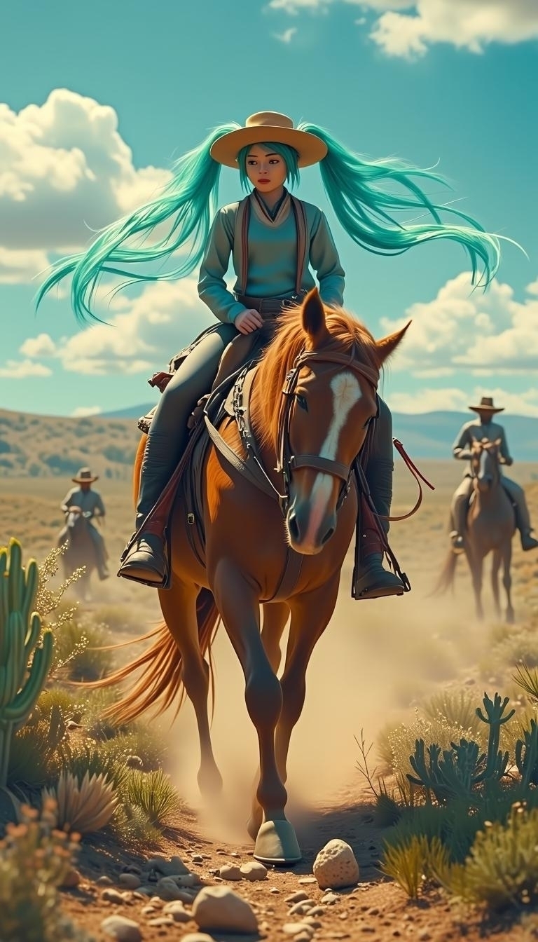 Miku in the Wild West - My, Neural network art, Anime, Wild West, Flux, Hatsune Miku, Longpost, Friday Miku