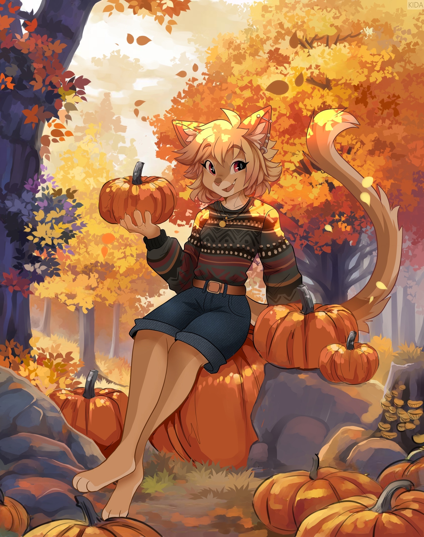 Colors of Autumn - Furry, Kida, Furry feline, Furry cat, Forest, Autumn, Pumpkin, Pullover, Furry art, Art, VKontakte (link)