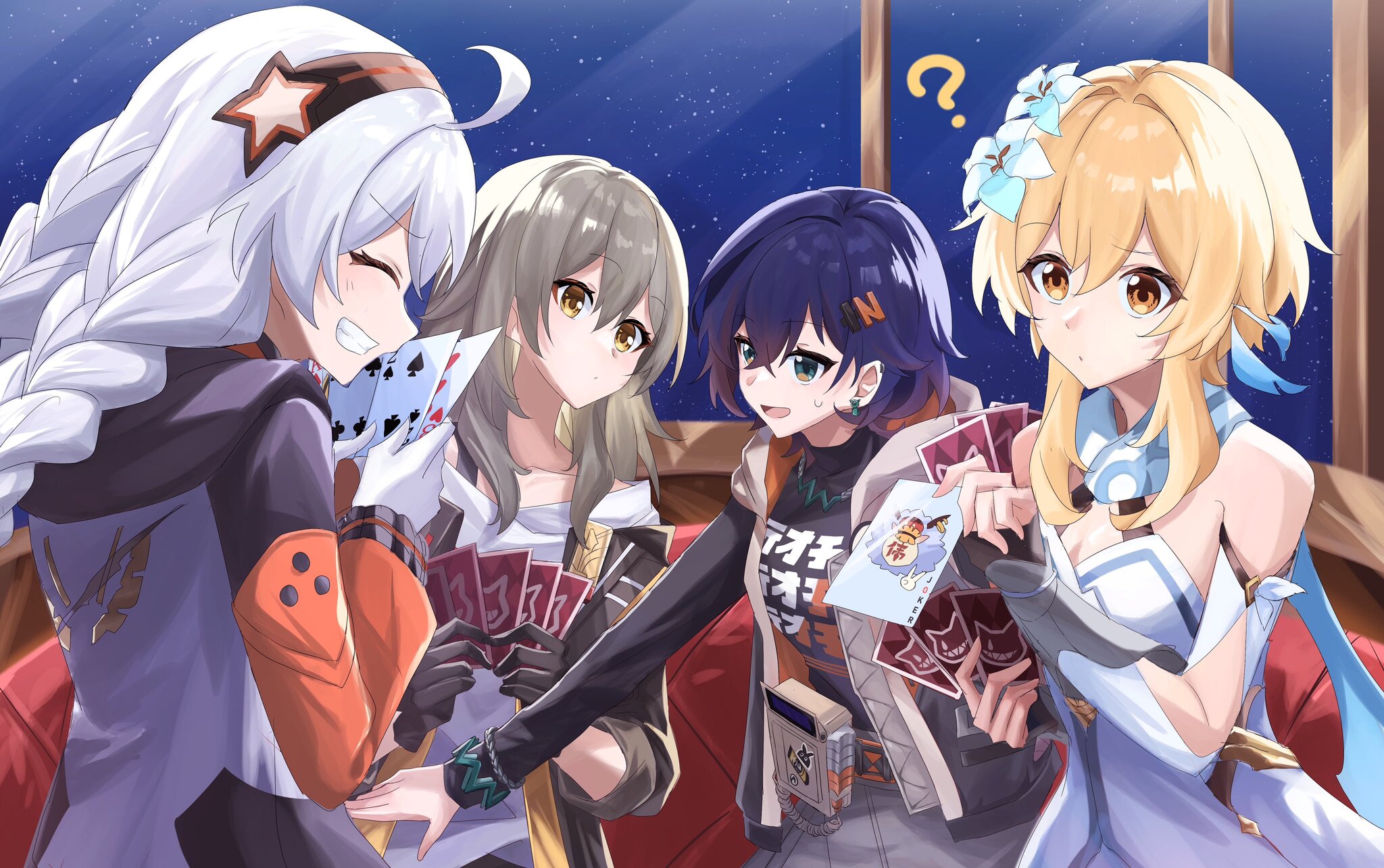 Meeting on the train - Anime, Anime art, Zenless Zone Zero, Genshin impact, Honkai: Star Rail, Belle (zzz), Lumine (Genshin Impact), Stelle (Honkai: Star Rail), Kiana kaslana, Girls, Jacket, Scythe, A train, Cards, Window, The dress, Smile