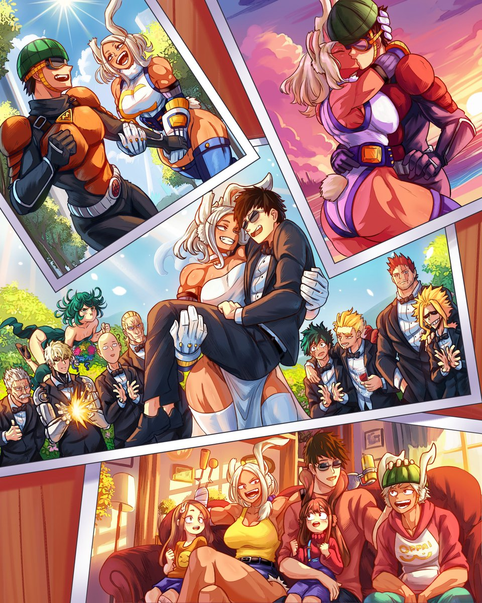 Happy ending - Anime art, Anime, Boku no hero academia, Onepunchman, Miruko, Tatsumaki, Midoriya izuku, Saitama, Animal ears