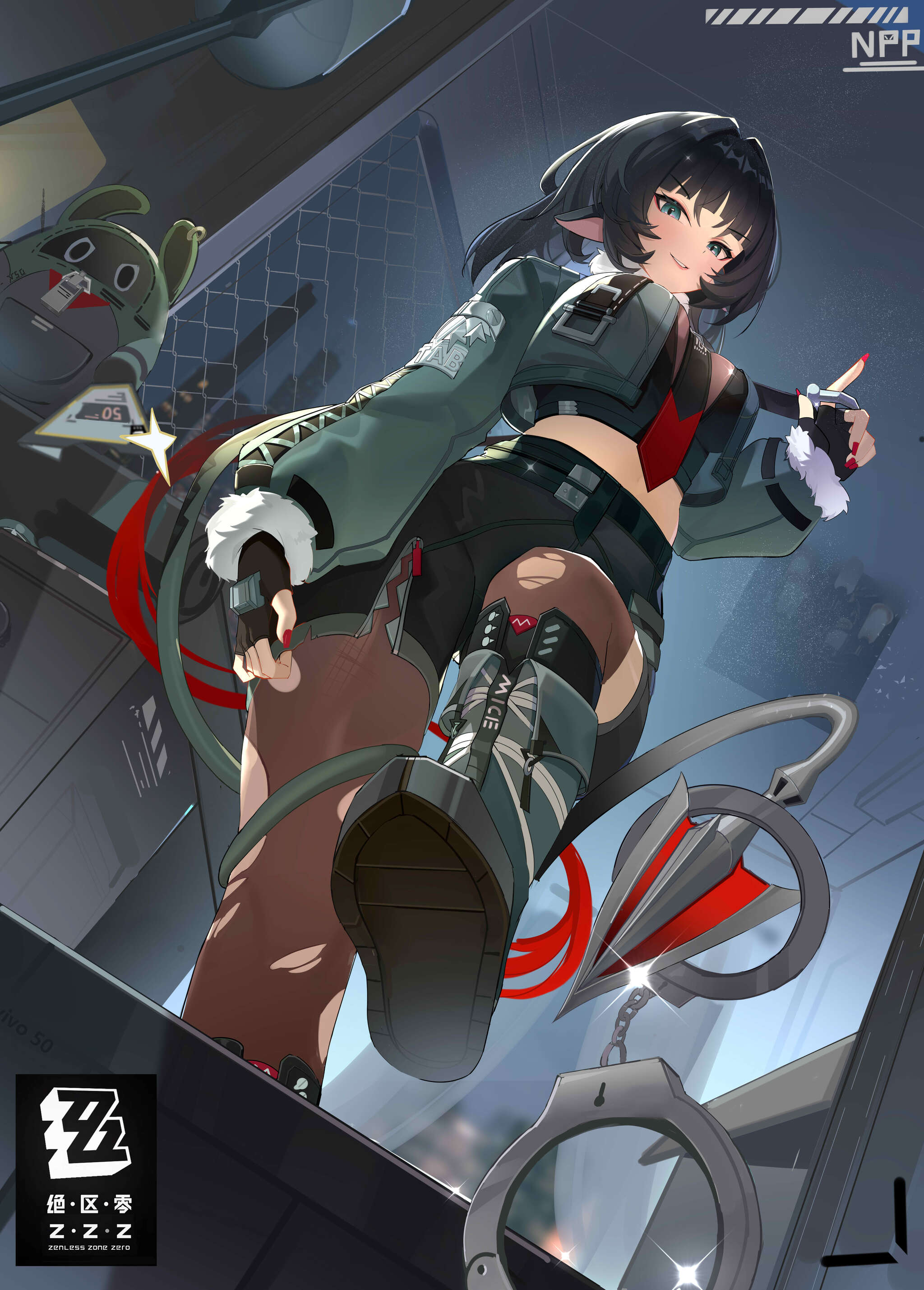 Jane Doe #005 - Anime, Anime art, Zenless Zone Zero, Jane Doe (zzz), Girls, Handcuffs, Tail, Jacket, Animal ears, Gloves, Green eyes, Belt