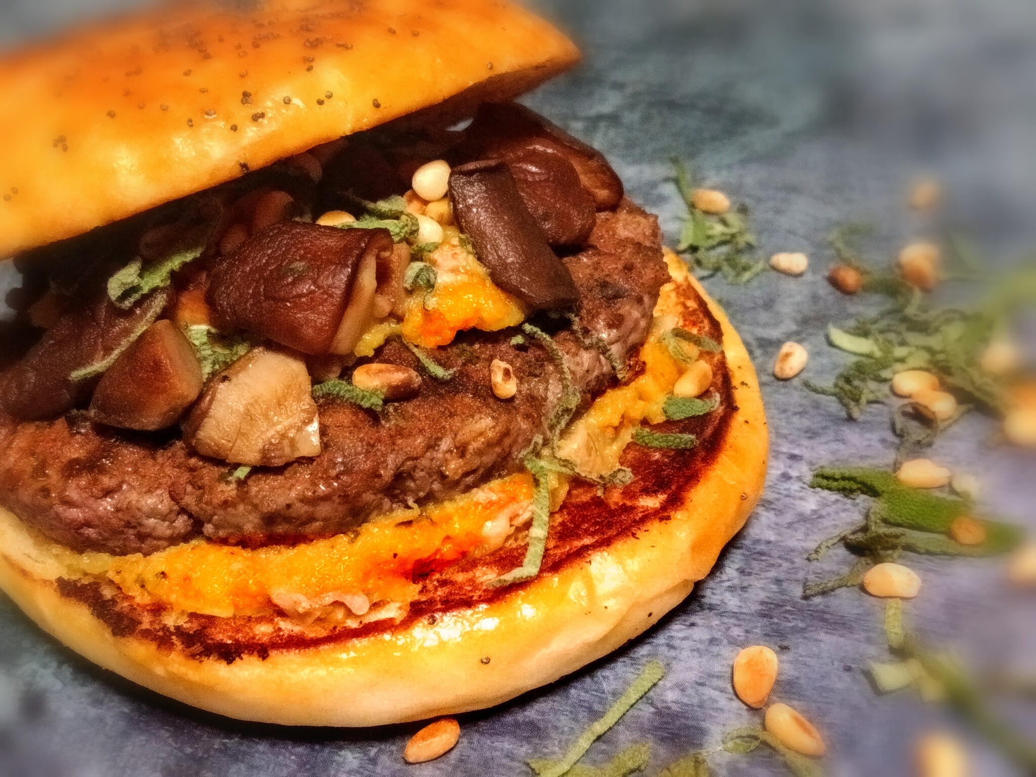 Pumpkin Hummus Burger - My, Recipe, Sage, Pumpkin, Burger, Lebanon, Shiitake, Pine nuts, Poppy, Longpost, Food