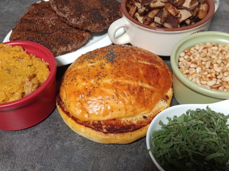 Pumpkin Hummus Burger - My, Recipe, Sage, Pumpkin, Burger, Lebanon, Shiitake, Pine nuts, Poppy, Longpost, Food