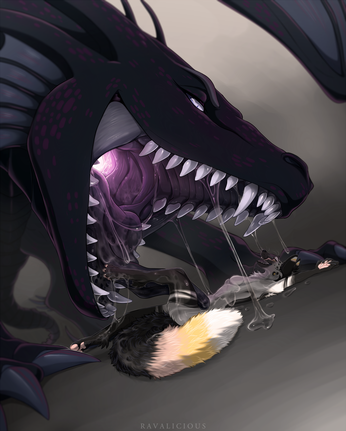 Amazing view - Art, The Dragon, Furry fox, Furry canine, Vore, Mawshot, Digital drawing, To fall, Language, Drooling, Dragon's mouth, Ravalicious