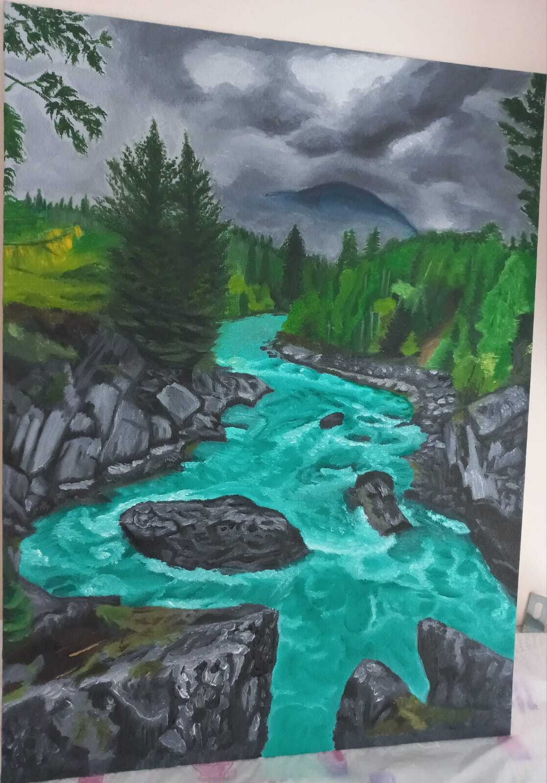 Learning to draw. Second job. - My, Beginner artist, Oil paints, Painting, Nature, Mountain river