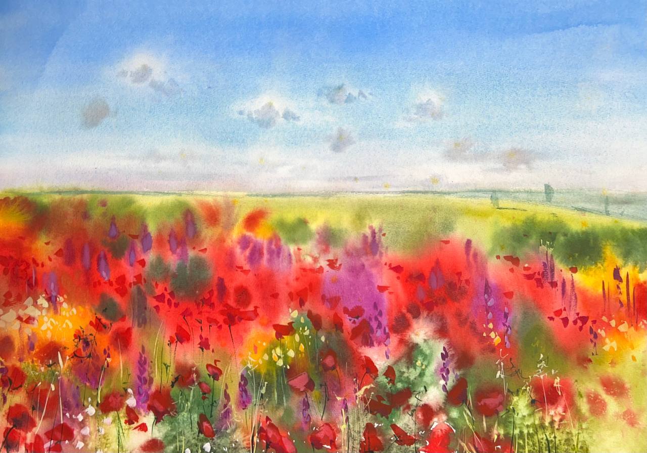 Watercolor. Poppy field in Kerch - My, Watercolor, Graphics, Painting, Art, Landscape, Kerch