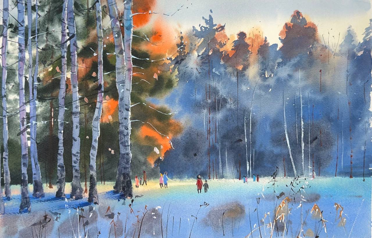 Watercolor. Winter forest - My, Watercolor, Painting, Graphics, Landscape, Forest, Art