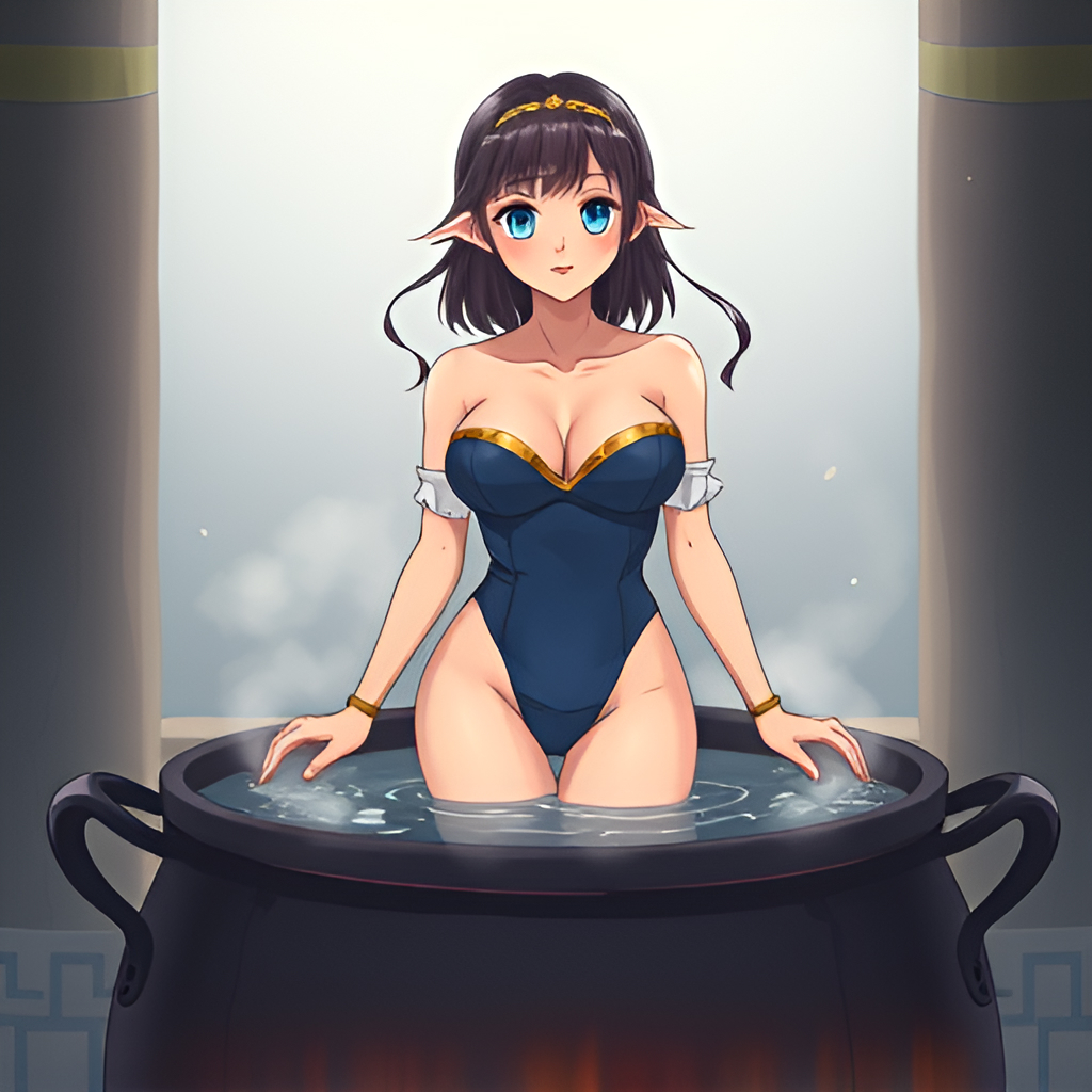 Bathers in boiling water - Bathing, Swimsuit, Girls, Art, Anime, Boiler, Water, Fire, Longpost