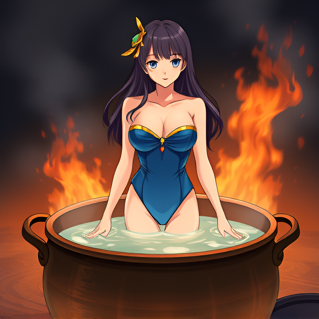 Bathers in boiling water - Bathing, Swimsuit, Girls, Art, Anime, Boiler, Water, Fire, Longpost