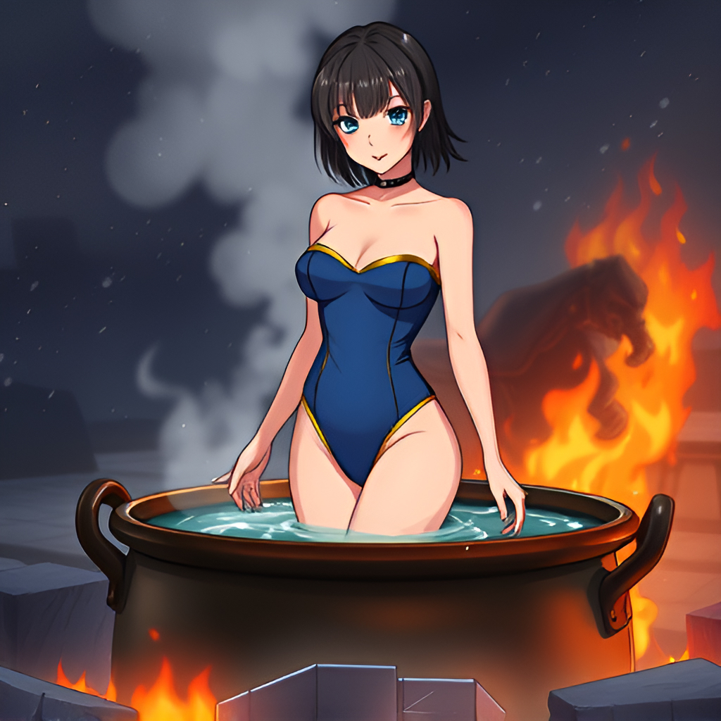 Bathers in boiling water - Bathing, Swimsuit, Girls, Art, Anime, Boiler, Water, Fire, Longpost