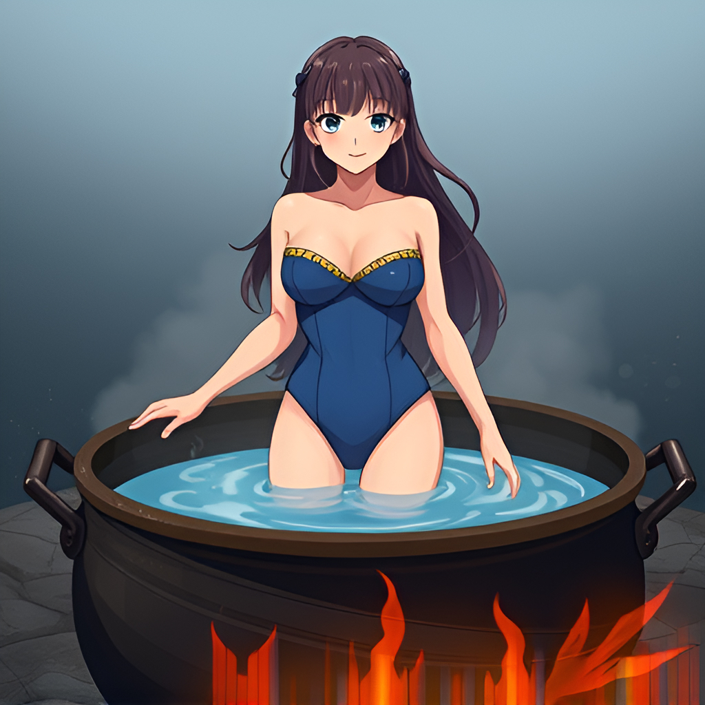 Bathers in boiling water - Bathing, Swimsuit, Girls, Art, Anime, Boiler, Water, Fire, Longpost