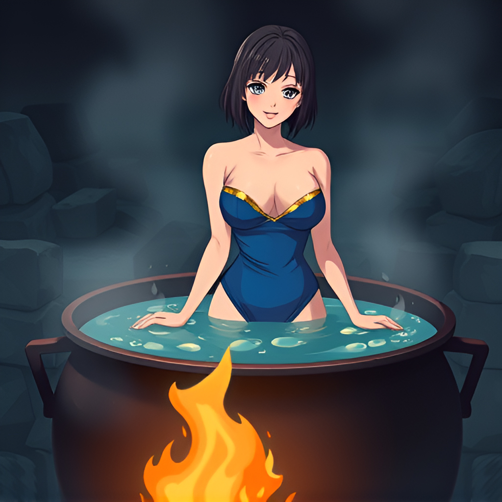 Bathers in boiling water - Bathing, Swimsuit, Girls, Art, Anime, Boiler, Water, Fire, Longpost