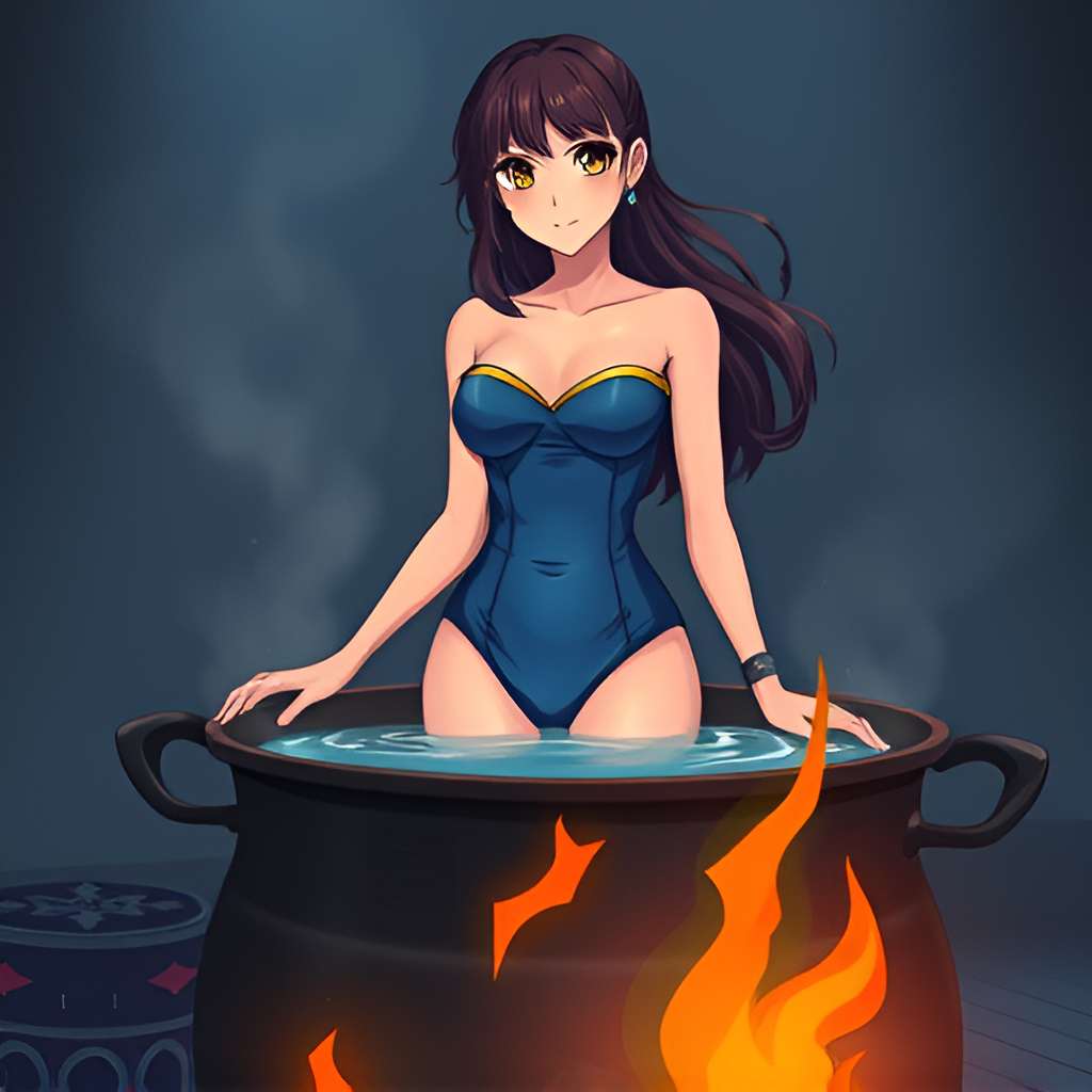 Bathers in boiling water - Bathing, Swimsuit, Girls, Art, Anime, Boiler, Water, Fire, Longpost