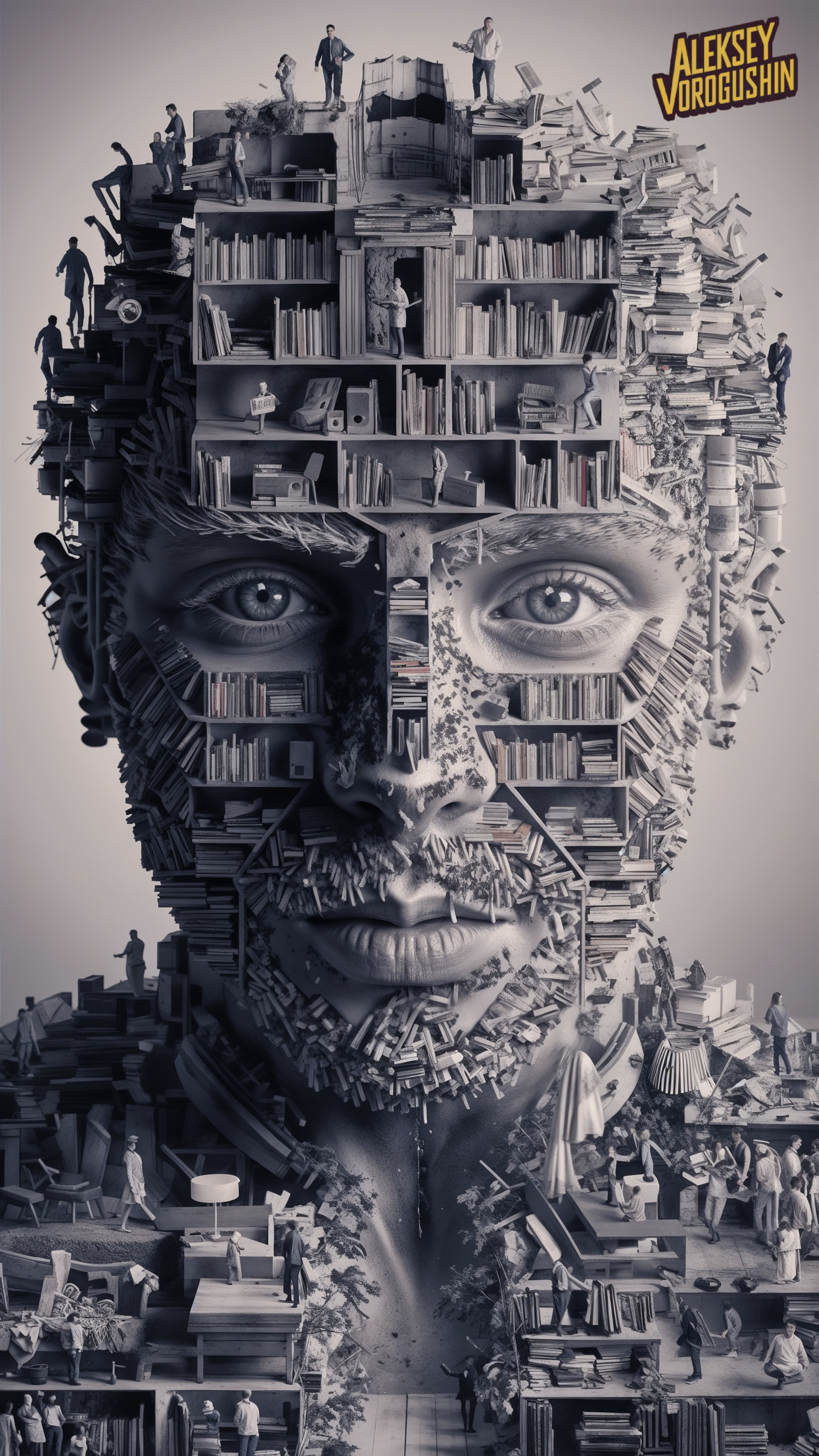 Contemporary artist: Vorogushin Alexey Gennadievich. Surrealistic portrait of a man made of objects. Evaluation and analysis of neuroart using AI - My, Dall-e, Digital, Phone wallpaper, Нейронные сети, Desktop wallpaper, Neural network art, Men, Modern Art, Abstraction, Abstractionism, Analysis, Longpost