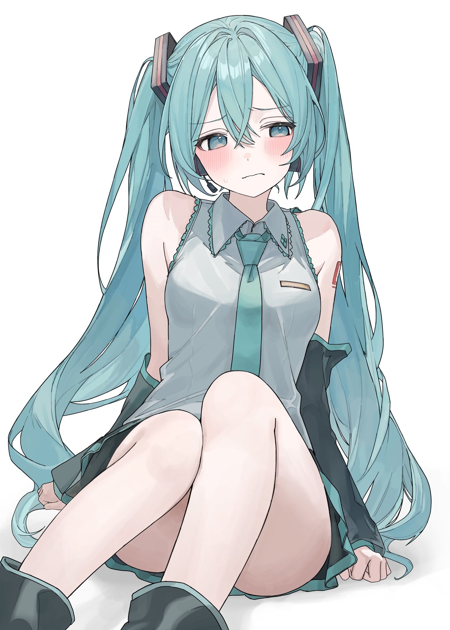 Hatsune Miku #172 - Anime, Anime art, Hatsune Miku, Girls, Vocaloid, Tie, Long hair, Embarrassment, Is sitting, Shirt, White background