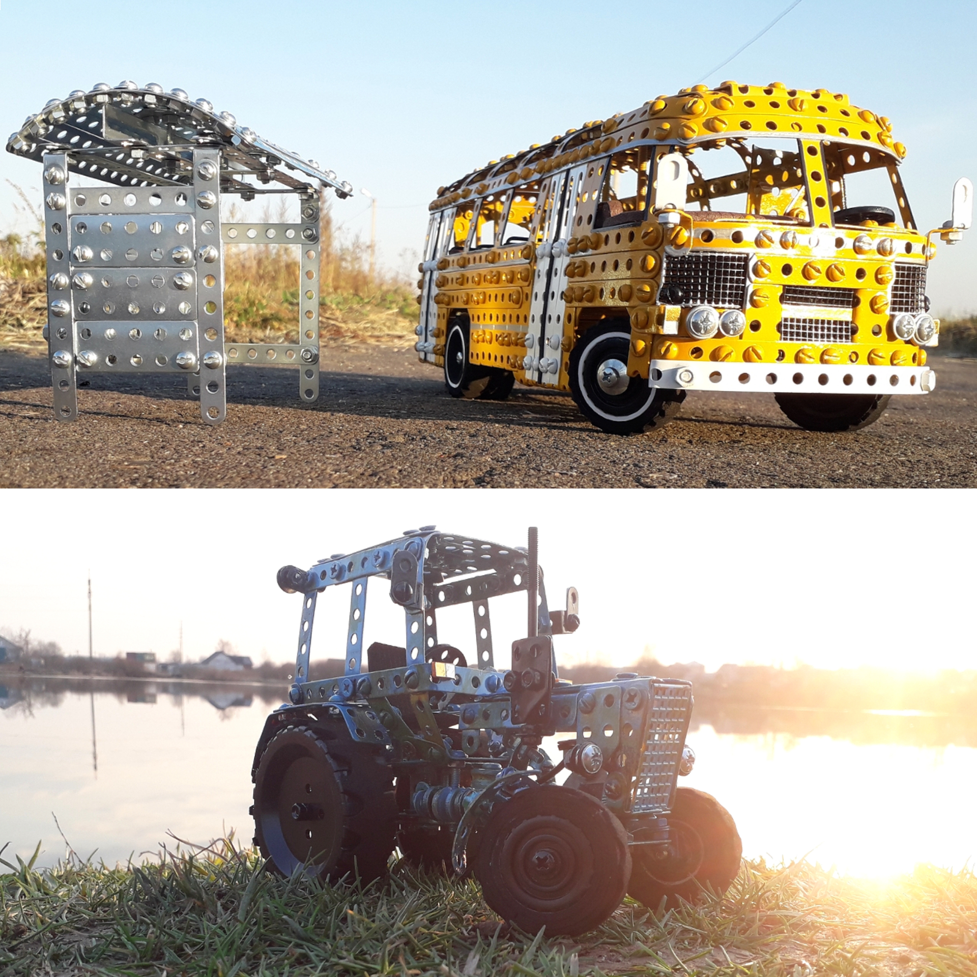 PAZ-672, MTZ-80 made of metal construction kit, wire, rubber and cardboard - My, Groove, Bus, Tractor, MTZ, Special equipment, Modeling