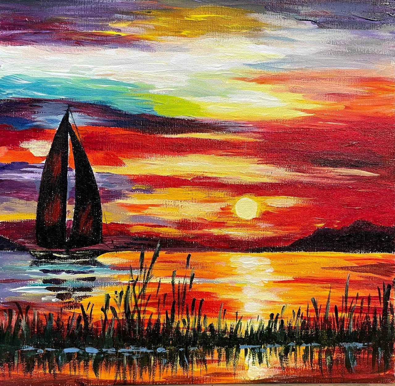 Sailboat at sunset - My, Acrylic, Painting, Landscape, Canvas, Copy