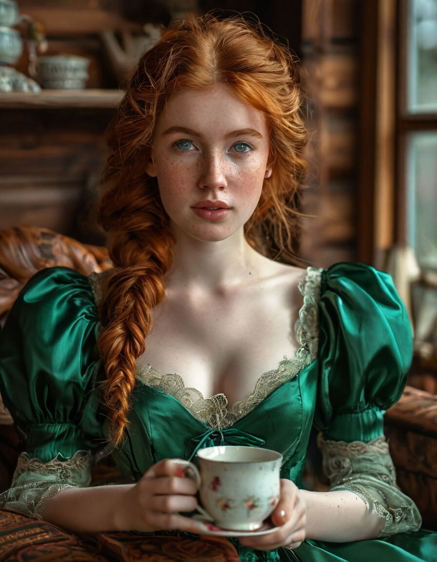 The richness of copper color - Girls, Redheads, Neural network art, Tea, Flowers, Style, The dress