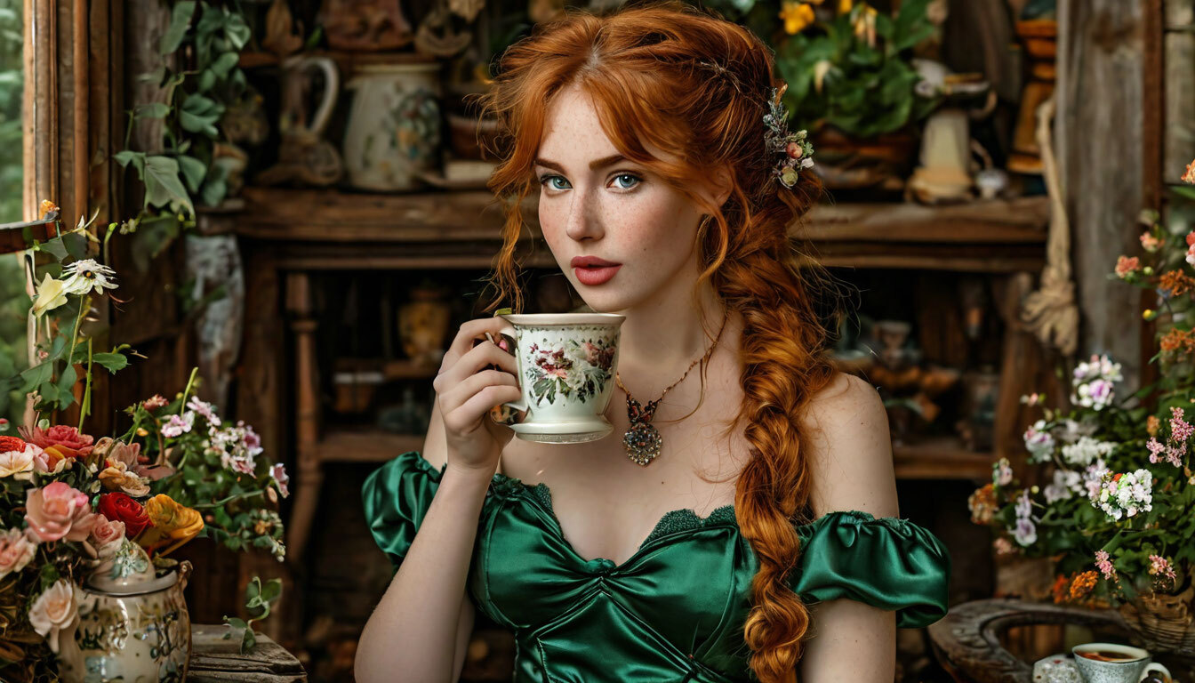 The richness of copper color - Girls, Redheads, Neural network art, Tea, Flowers, Style, The dress