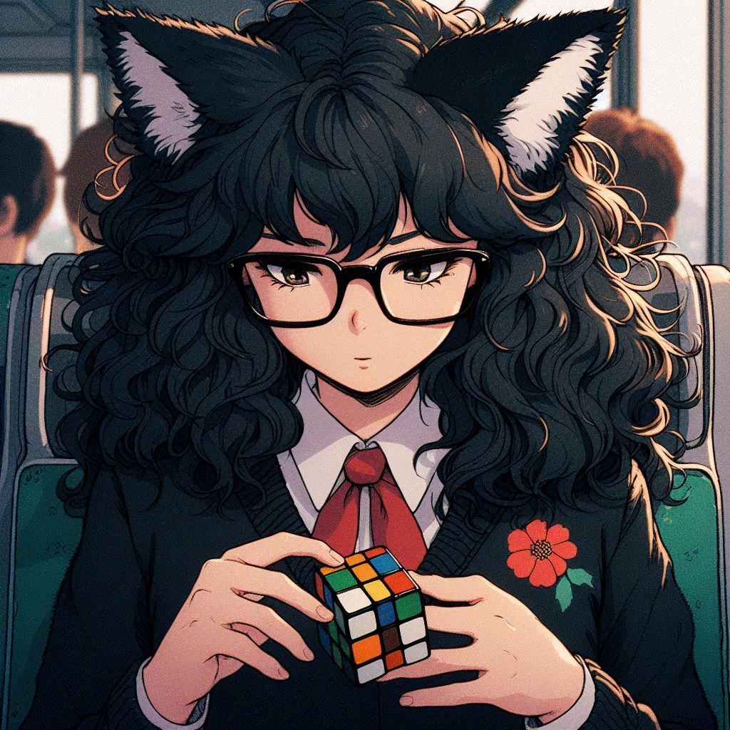 Rubikomania - My, Нейронные сети, Neural network art, Art, Girls, Anime, Anime art, Kitsune, Animal ears, Rubik's Cube, Ginger & White, Original character, Longpost