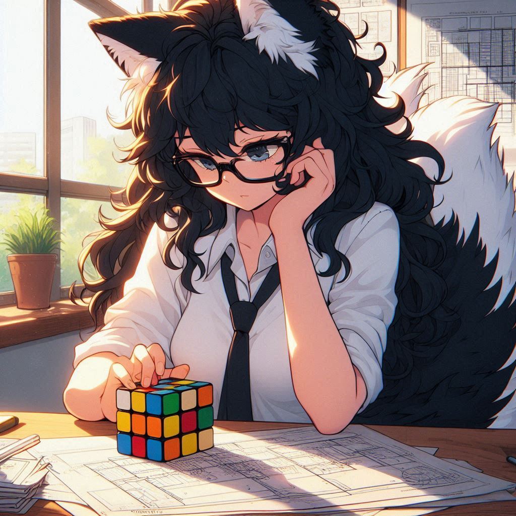 Rubikomania - My, Нейронные сети, Neural network art, Art, Girls, Anime, Anime art, Kitsune, Animal ears, Rubik's Cube, Ginger & White, Original character, Longpost