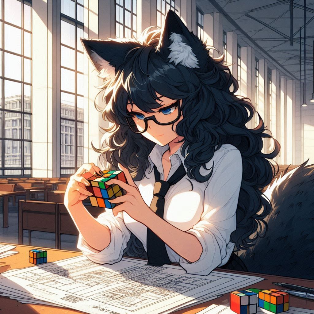 Rubikomania - My, Нейронные сети, Neural network art, Art, Girls, Anime, Anime art, Kitsune, Animal ears, Rubik's Cube, Ginger & White, Original character, Longpost