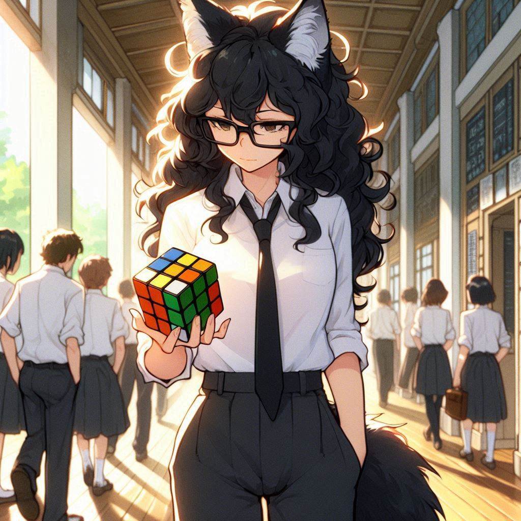 Rubikomania - My, Нейронные сети, Neural network art, Art, Girls, Anime, Anime art, Kitsune, Animal ears, Rubik's Cube, Ginger & White, Original character, Longpost