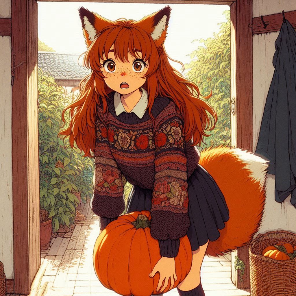 Pumpkin - My, Ginger & White, Art, Neural network art, Нейронные сети, Girls, Anime, Original character, Kitsune, Animal ears, Tail, Redheads, Freckles, Pumpkin, Autumn, Longpost