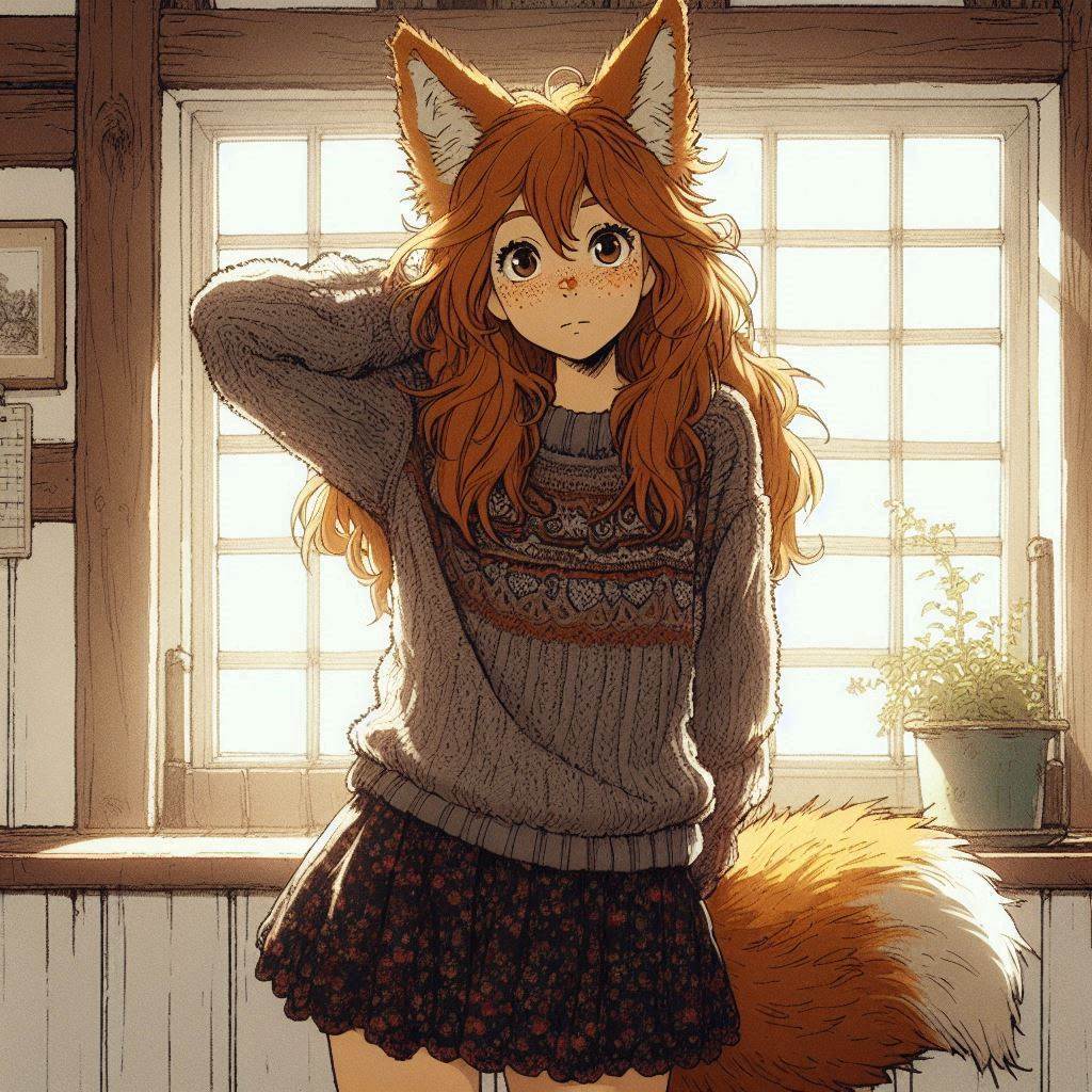 Pumpkin - My, Ginger & White, Art, Neural network art, Нейронные сети, Girls, Anime, Original character, Kitsune, Animal ears, Tail, Redheads, Freckles, Pumpkin, Autumn, Longpost