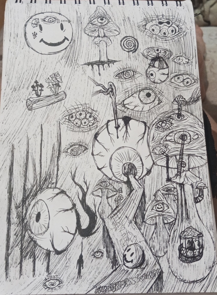 World of Smileys - My, Drawing, Sketch, Pen drawing, Psychedelic, Eyes, Mushrooms, Smile