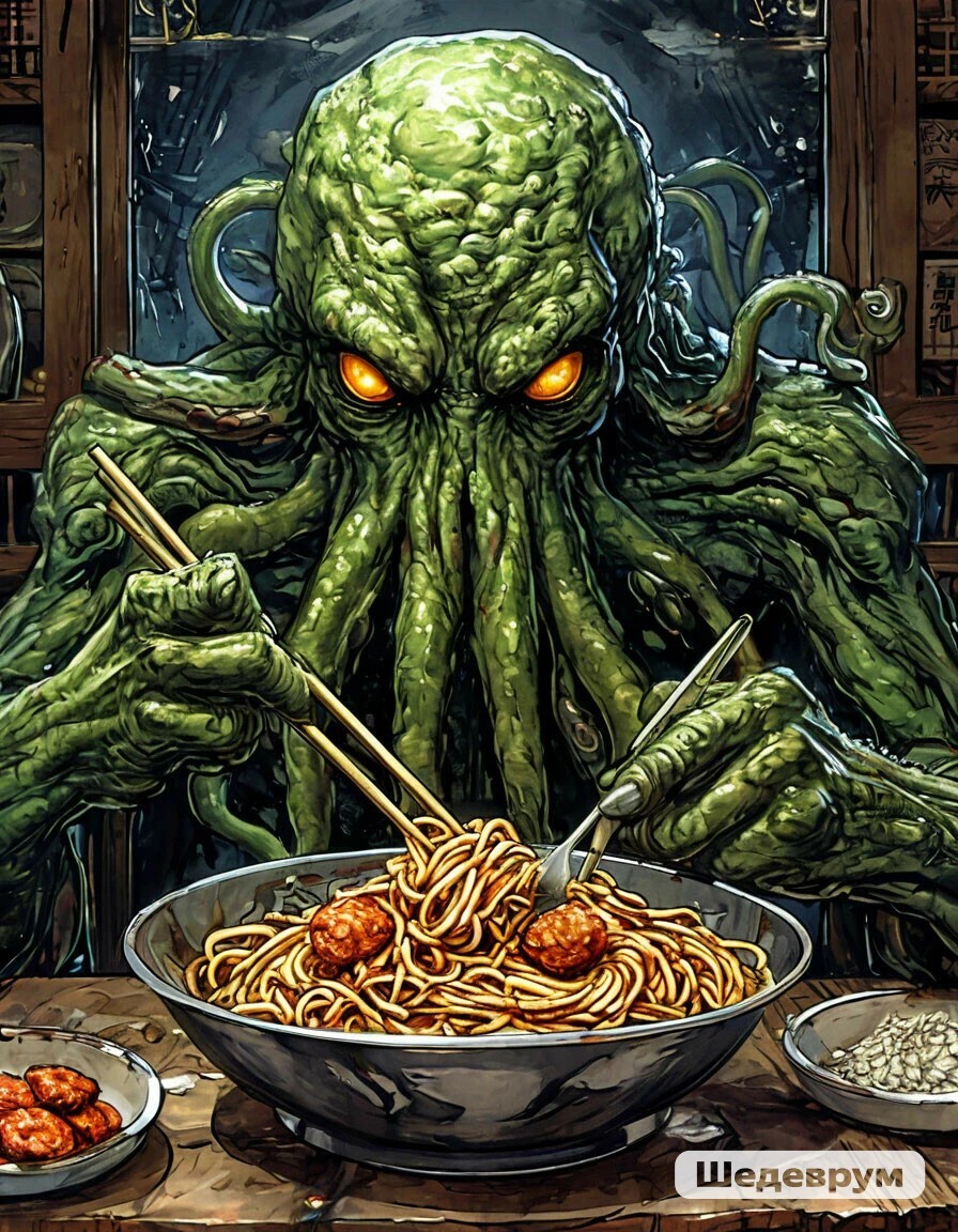 My opinion on what's going on in Pikabu - My, Cthulhu, Howard Phillips Lovecraft, Pastafarianism, Colander, Dinner, Flying pasta monster, Tired of, Artificial Intelligence, Нейронные сети, Digital drawing, Masterpiece (Yandex), Noodles