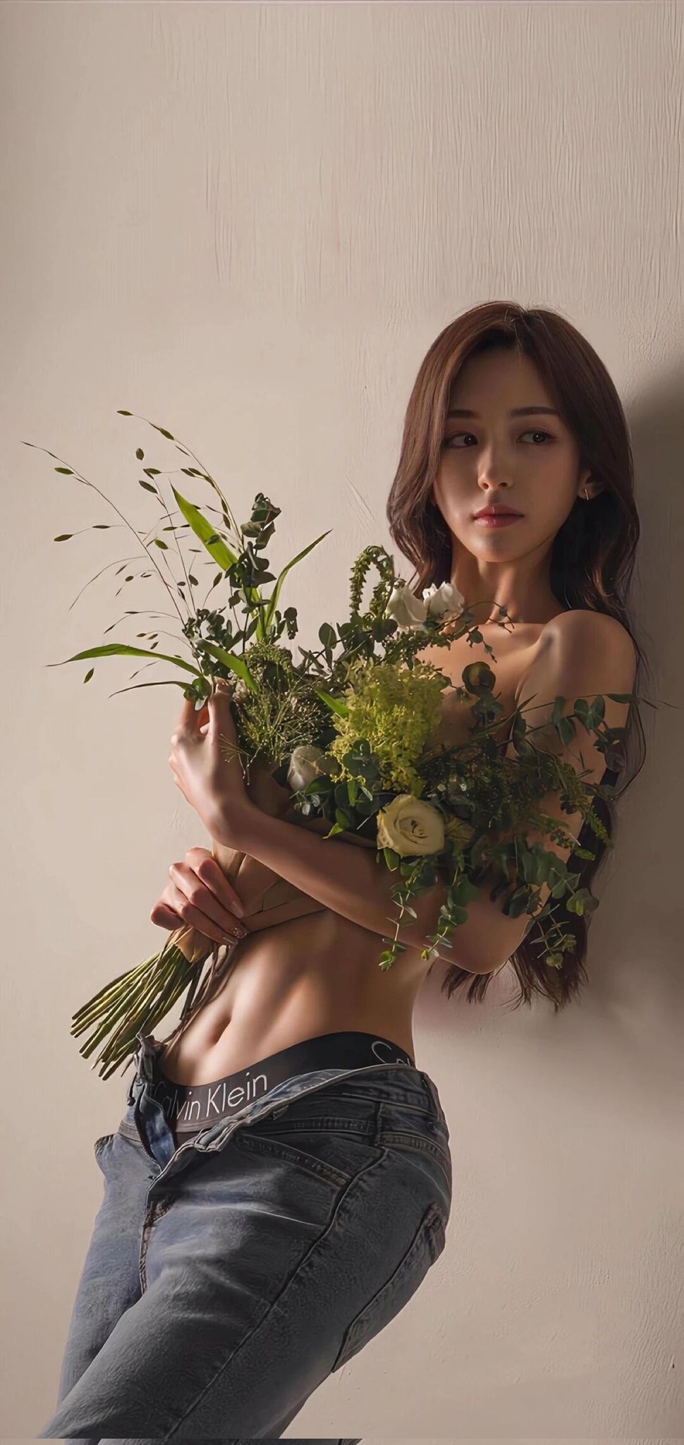 Flowers - Girls, The photo, Waist, Long hair, Flowers, Bouquet, Asian, Filter