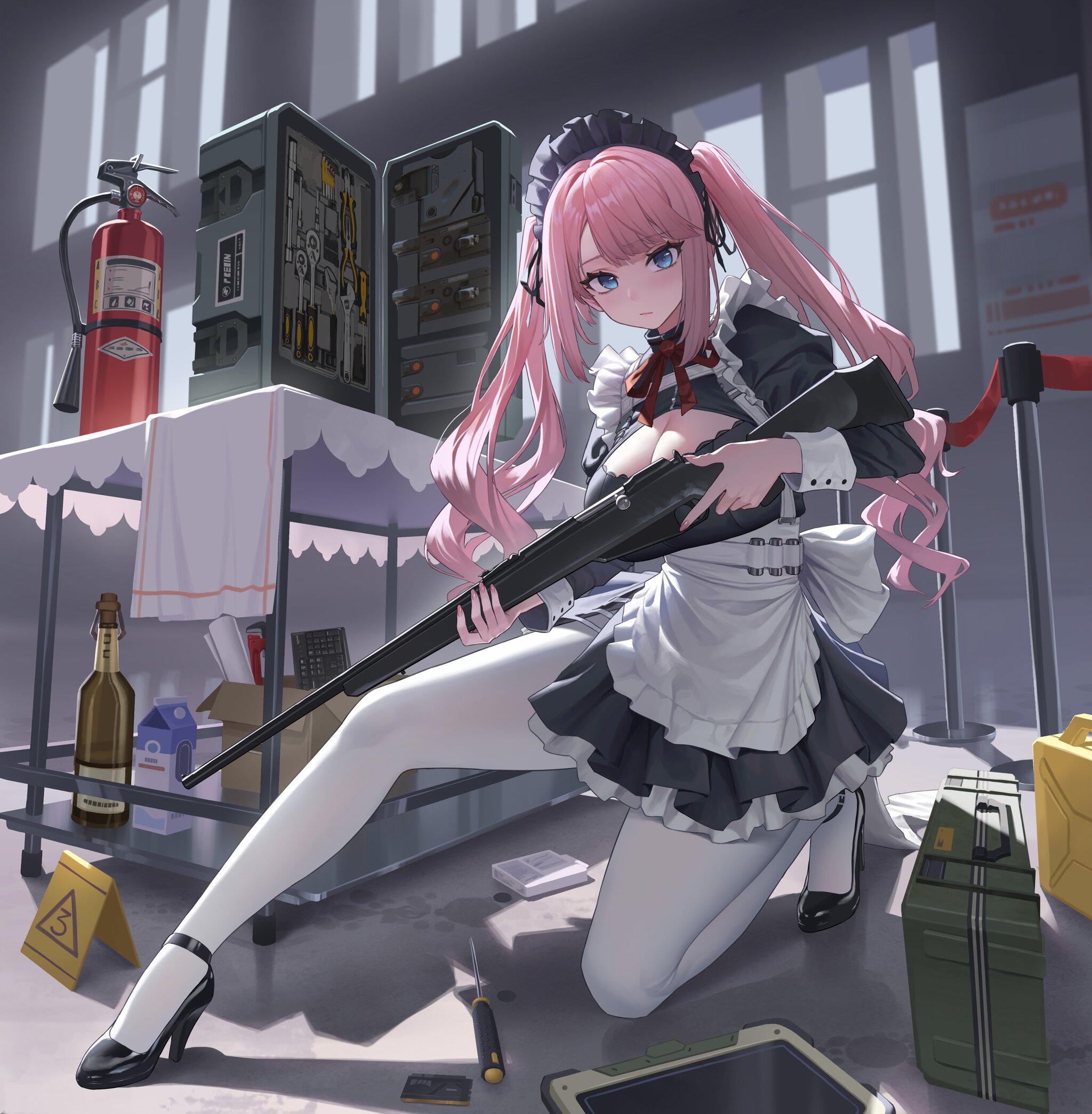 Original Character #002 - Anime, Anime art, Original character, Girls, Long hair, Fire extinguisher, Housemaid, Blue eyes, Apron, Tights, Weapon, Shoes, Screwdriver, Box, Embarrassment, Box, Neckline, Ammunition, Wrench, Rifle