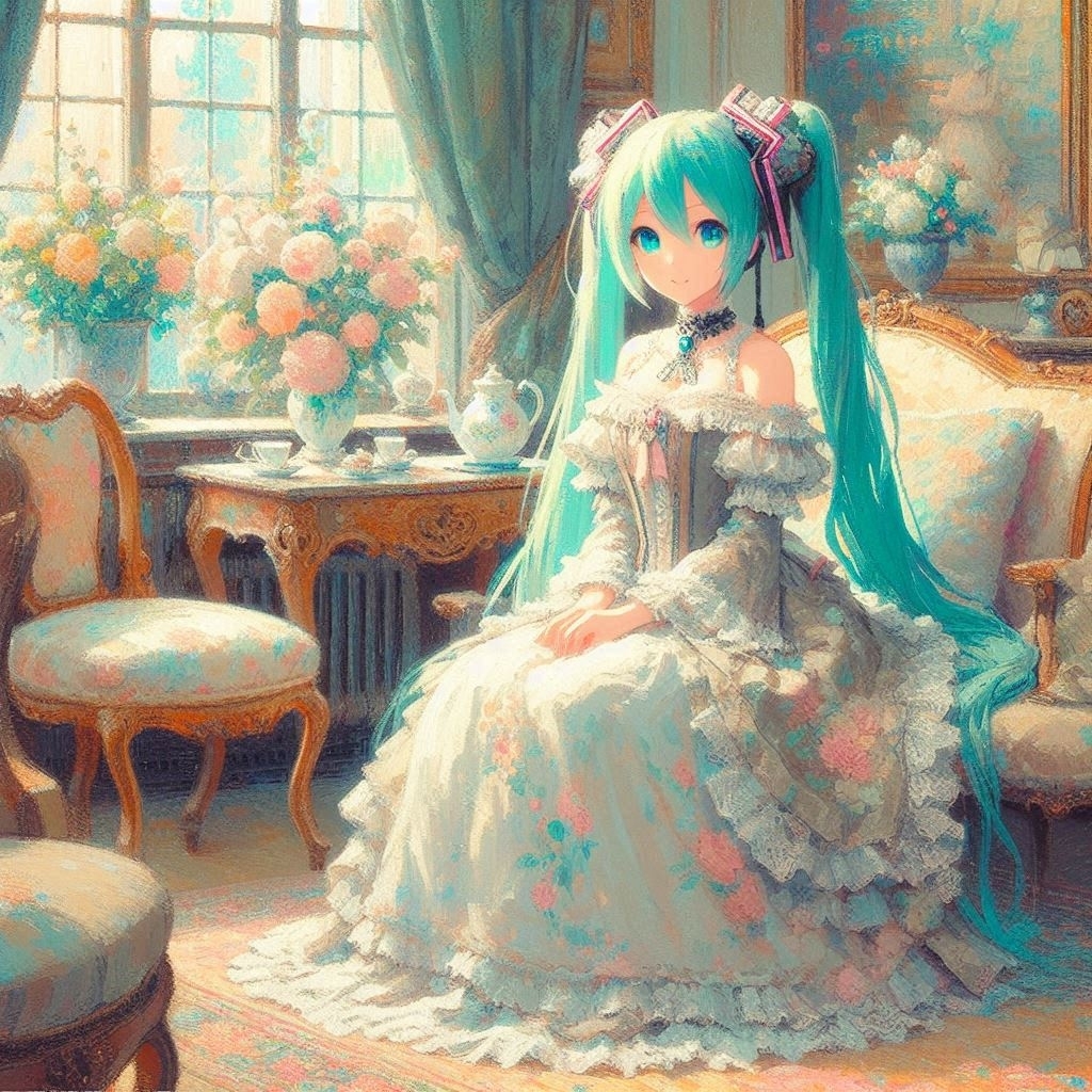 Импрессионистическая  Мику - Hatsune Miku, Vocaloid, Anime Art, Импрессионизм, Длиннопост, Vocaloid Art, Арты нейросетей