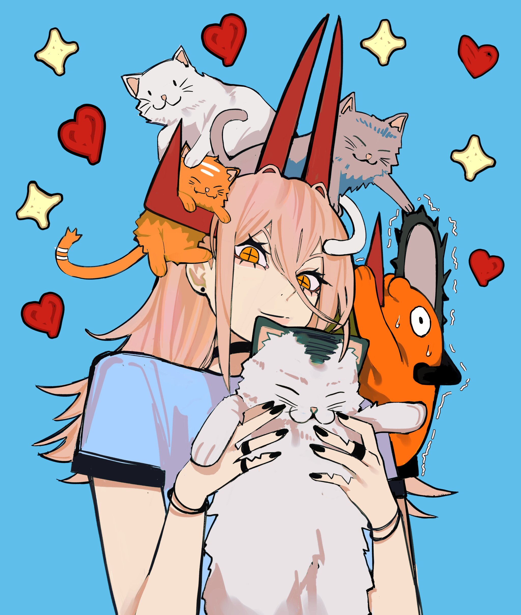 Pavka - Art, Anime, Anime art, Chainsaw man, Power (Chainsaw Man), Pochita, cat, Girl with Horns, Longpost