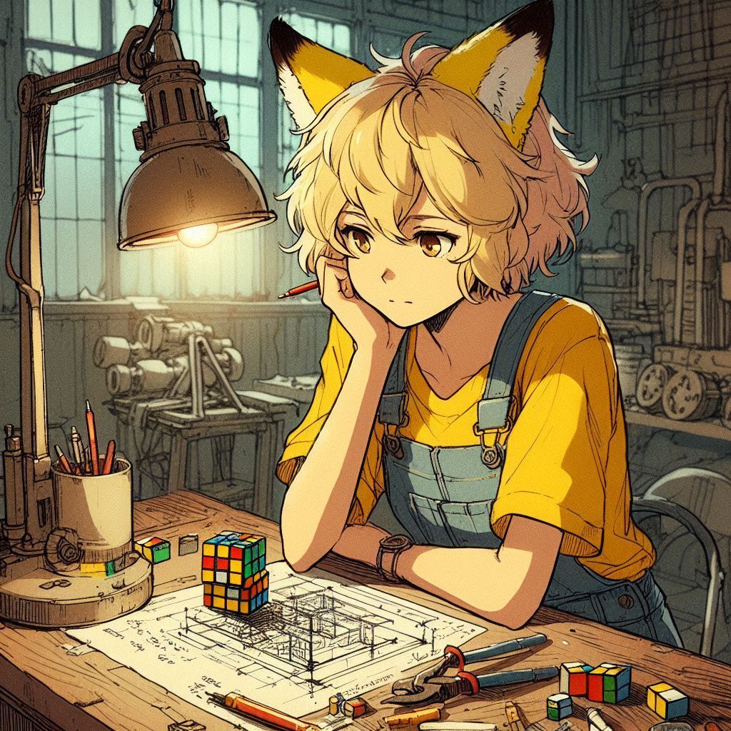 Rubikomania - My, Нейронные сети, Neural network art, Art, Girls, Anime, Anime art, Kitsune, Animal ears, Rubik's Cube, Ginger & White, Original character, Longpost