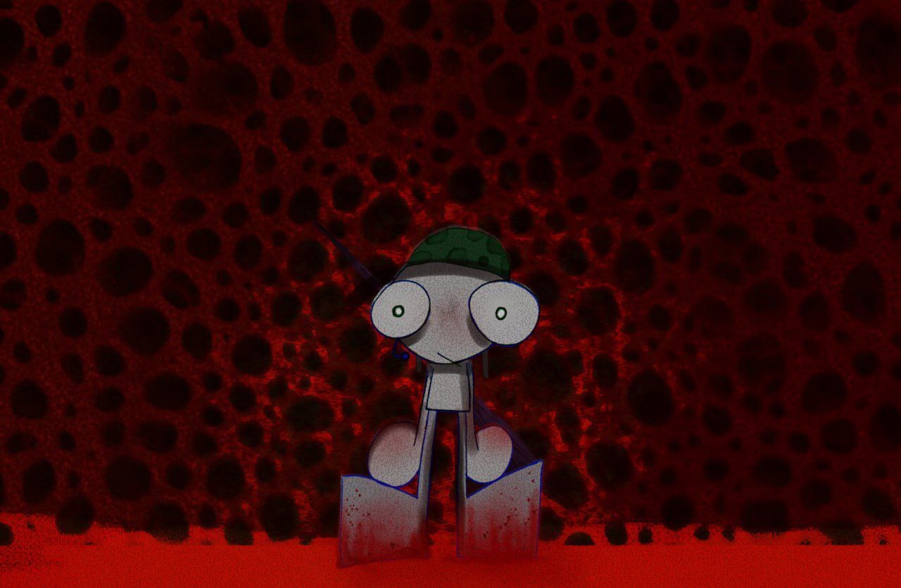 The soldier found himself in a place unknown to him - My, Art, Trypophobia, Helmet, Hole, Blood, Red, Drawing