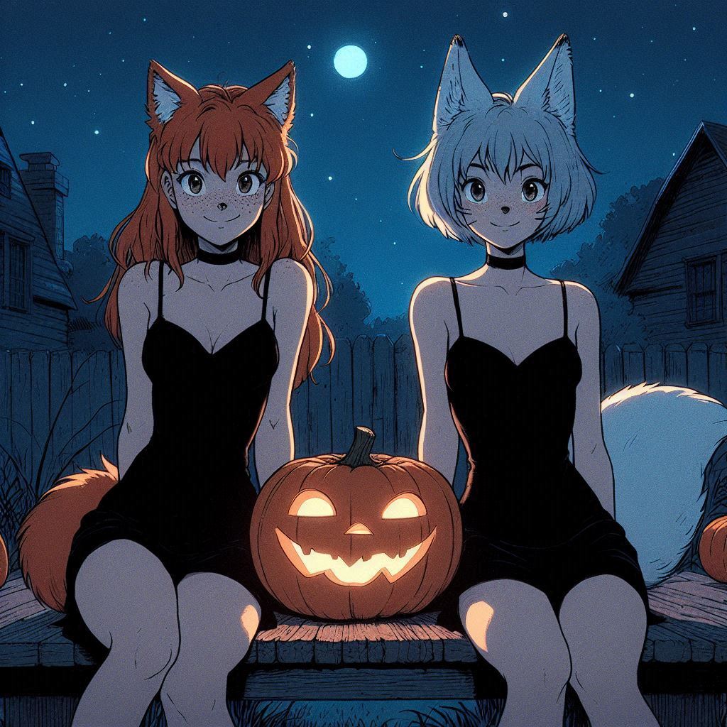 Today we are a little bit witches - My, Art, Neural network art, Нейронные сети, Ginger & White, Animal ears, Girls, Anime art, Anime, Original character, Kitsune, Halloween, Witches, Night, Longpost