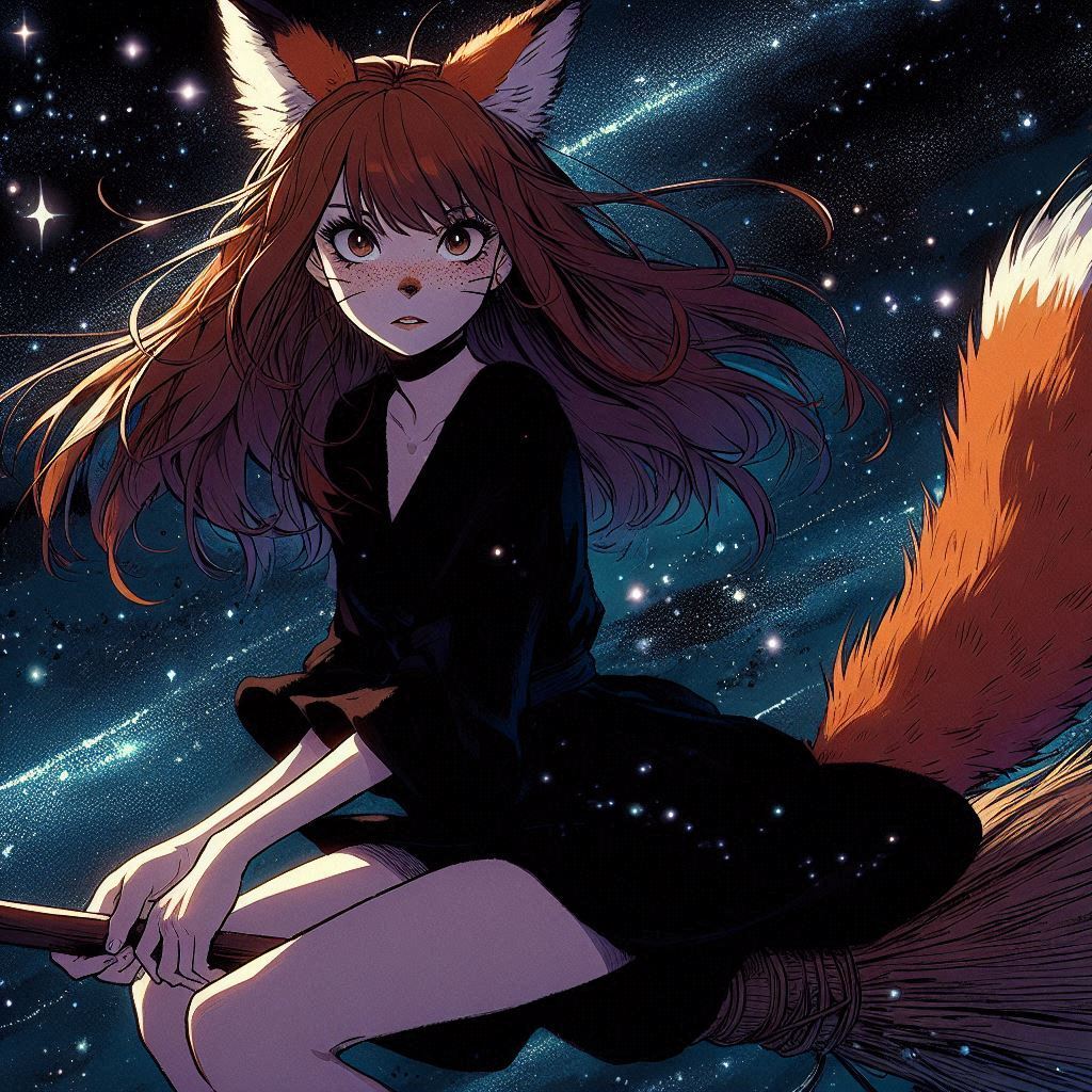 Today we are a little bit witches - My, Art, Neural network art, Нейронные сети, Ginger & White, Animal ears, Girls, Anime art, Anime, Original character, Kitsune, Halloween, Witches, Night, Longpost