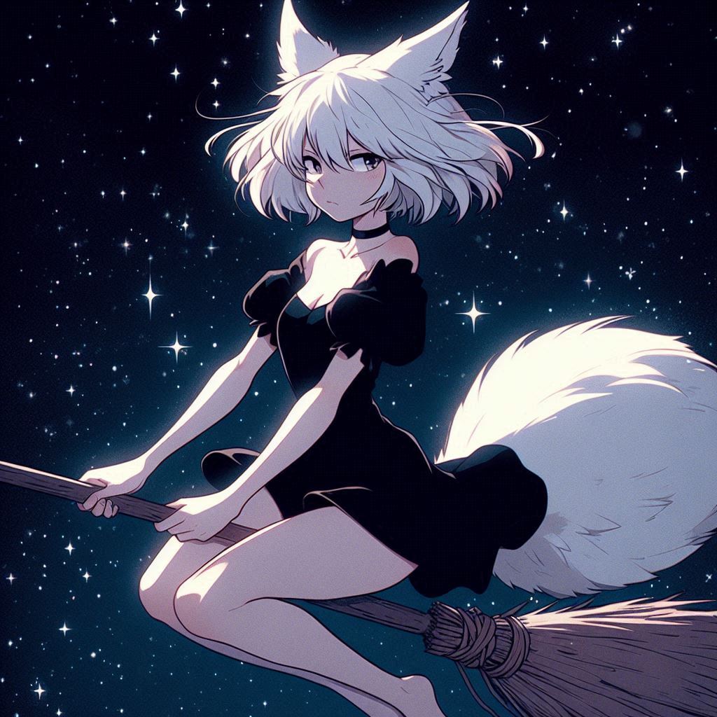 Today we are a little bit witches - My, Art, Neural network art, Нейронные сети, Ginger & White, Animal ears, Girls, Anime art, Anime, Original character, Kitsune, Halloween, Witches, Night, Longpost