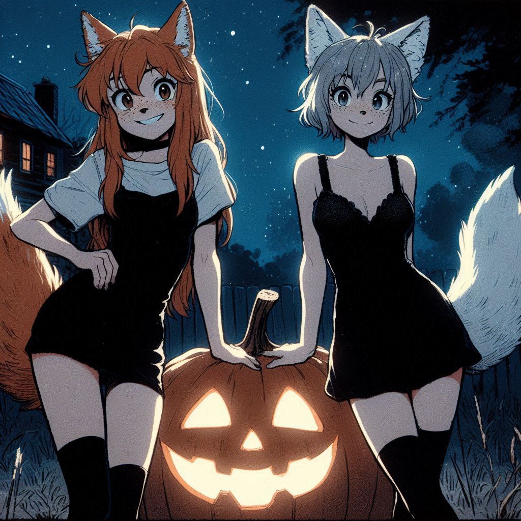 Today we are a little bit witches - My, Art, Neural network art, Нейронные сети, Ginger & White, Animal ears, Girls, Anime art, Anime, Original character, Kitsune, Halloween, Witches, Night, Longpost