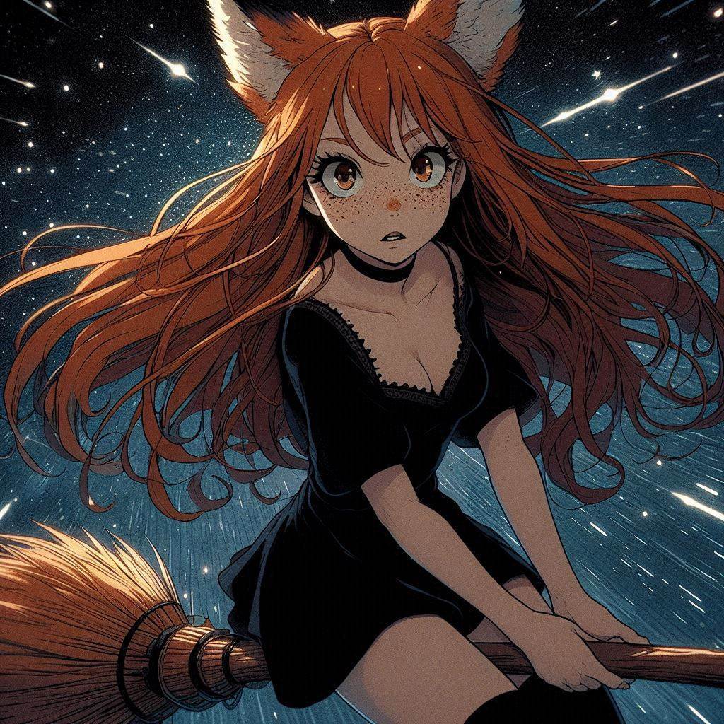 Today we are a little bit witches - My, Art, Neural network art, Нейронные сети, Ginger & White, Animal ears, Girls, Anime art, Anime, Original character, Kitsune, Halloween, Witches, Night, Longpost