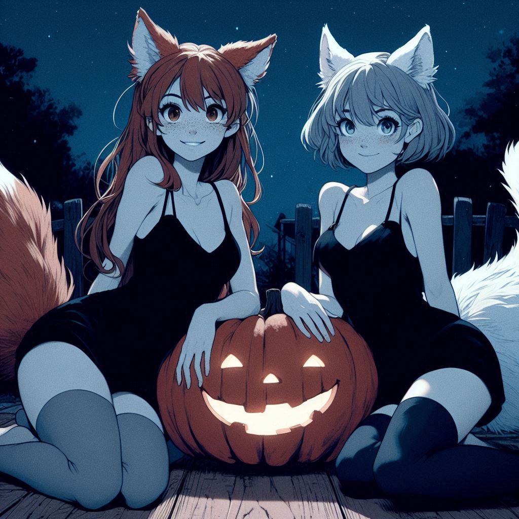 Today we are a little bit witches - My, Art, Neural network art, Нейронные сети, Ginger & White, Animal ears, Girls, Anime art, Anime, Original character, Kitsune, Halloween, Witches, Night, Longpost