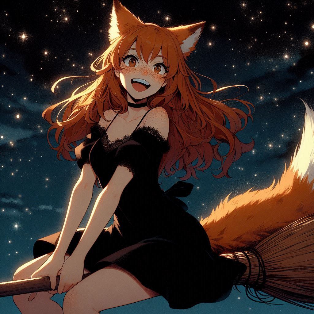 Today we are a little bit witches - My, Art, Neural network art, Нейронные сети, Ginger & White, Animal ears, Girls, Anime art, Anime, Original character, Kitsune, Halloween, Witches, Night, Longpost